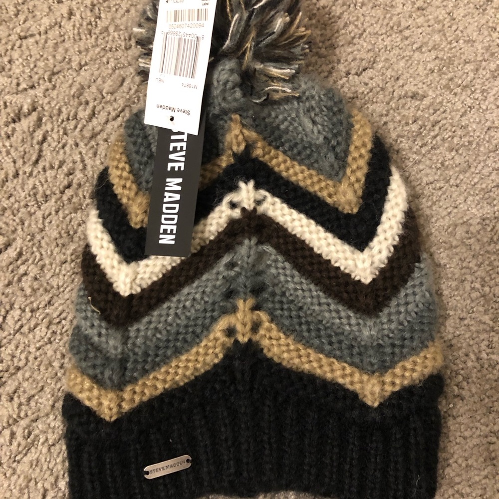 Steve Madden Chevron Knit Beanie with Pom-Pom gray, black, khaki